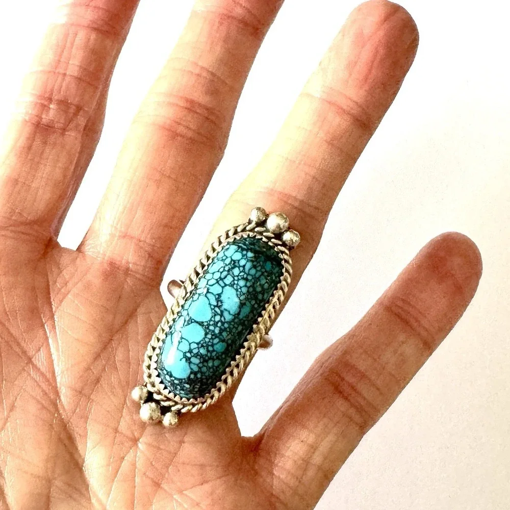 Navajo Spiderweb Turquoise Ring Sz 8.5 Long Sterling Native American Unique